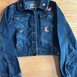 Roebuck &Co Cropped Distressed Dark Wash Denim Jacket With Patches Girls 12